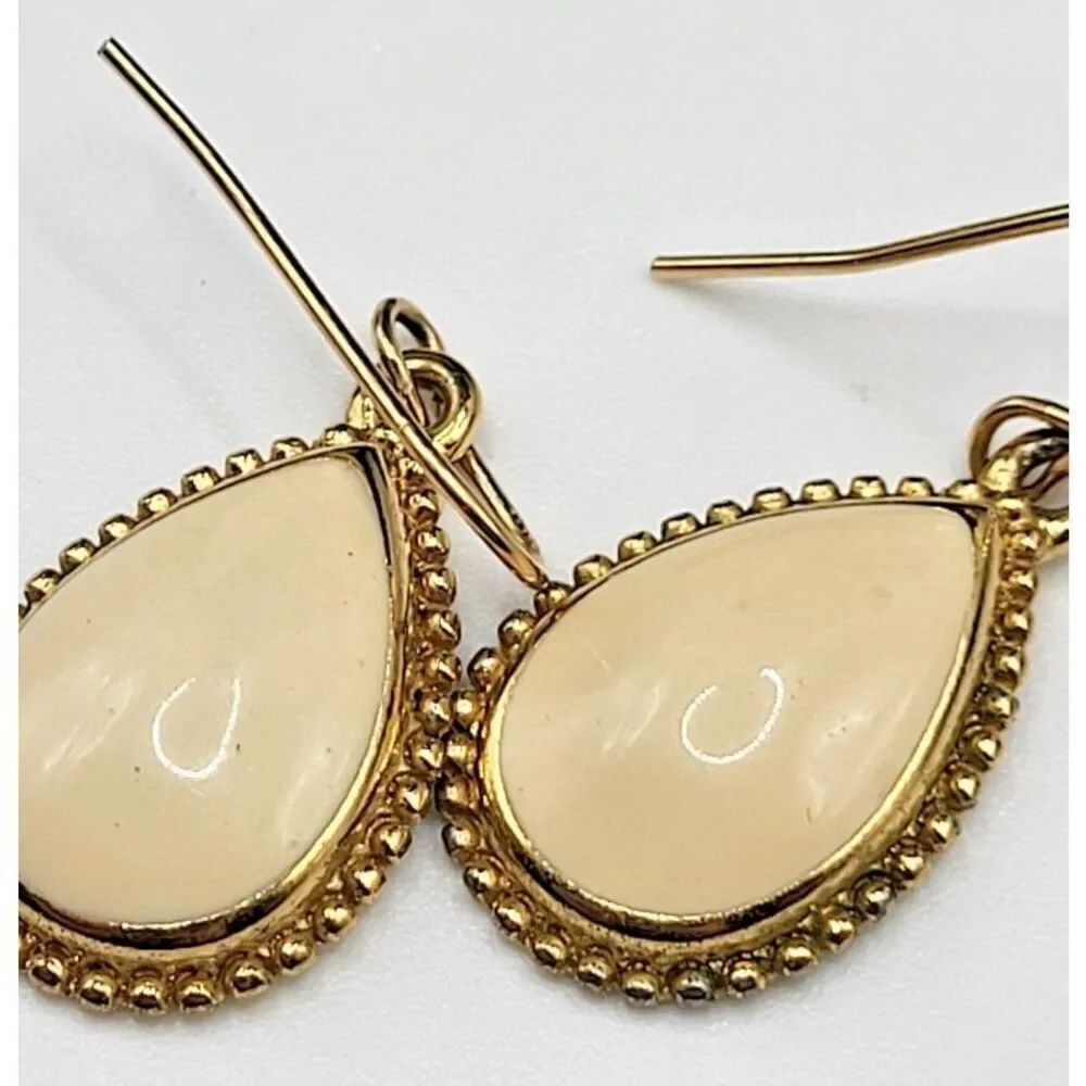 Trifari Ivory Golden Teardrop Enamel Earrings 1.25in